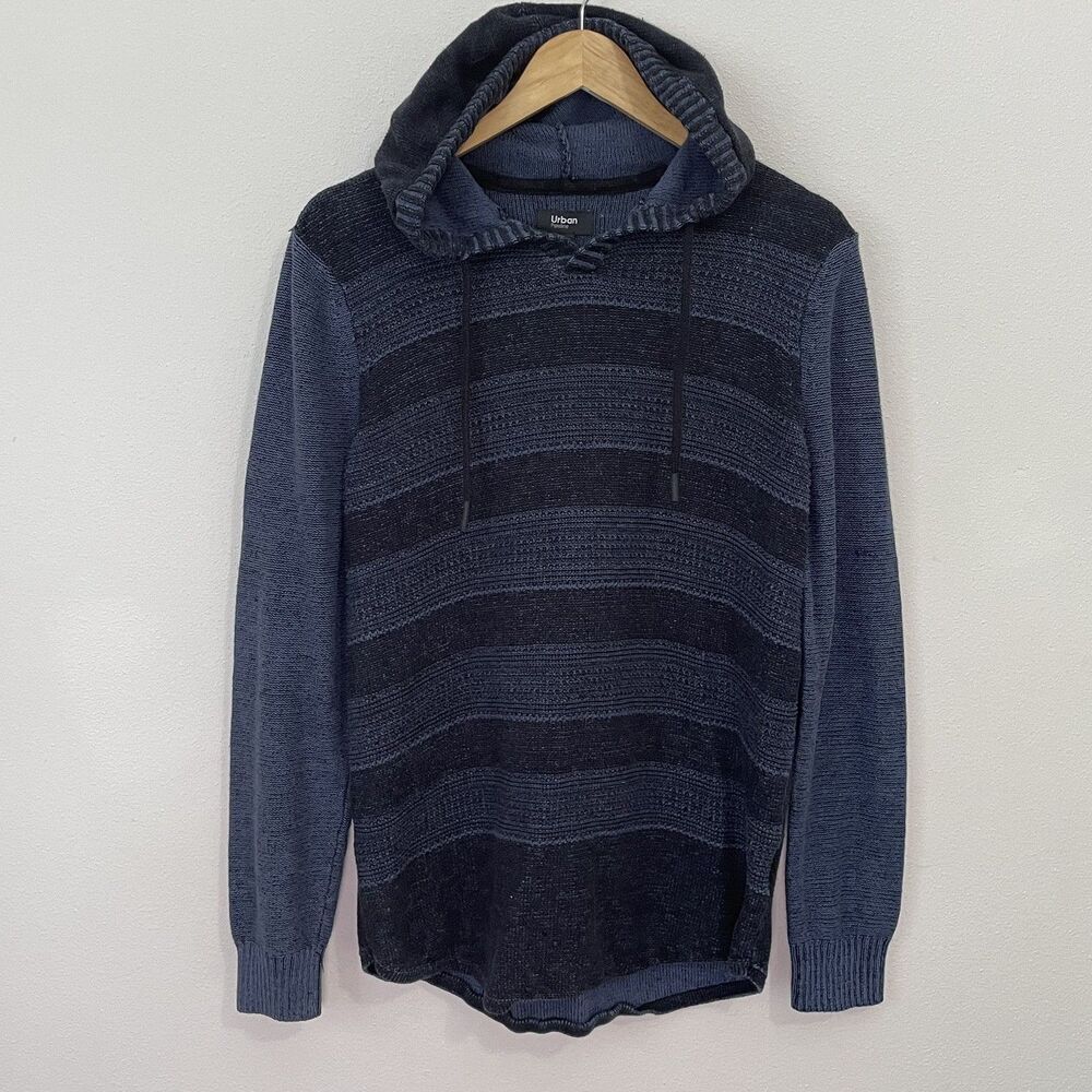 Urban Pipeline Mens M Hoodie Knit Sweater Pullover Blue Striped Hooded Ribbed